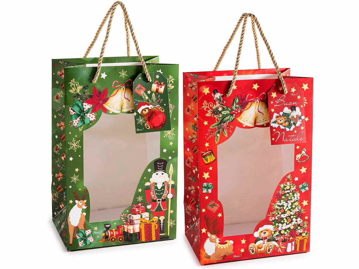 Sacchetti / buste di Natale in carta con vetrinetta trasparente e stampa, set da 20 pezzi, cm 16 x 11 x 25 H