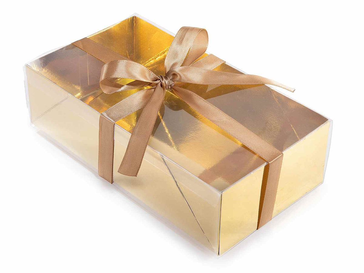 Scatoline regalo dorate in PVC con base oro e coperchio con finestra, set da 30 pezzi, cm 22 x 12 x 6 H