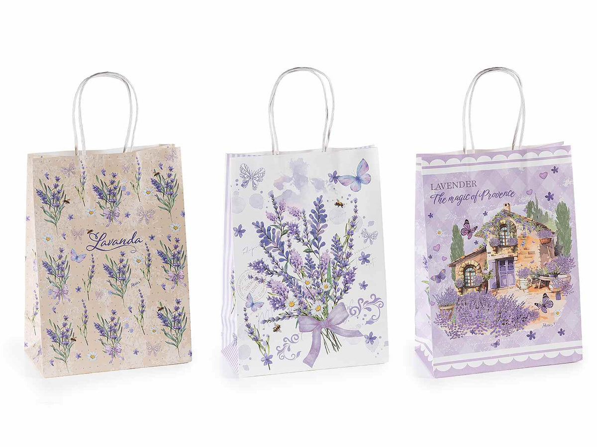 Sacchetti / buste in carta di dimensione media con decori lavanda, set da 36 pezzi, cm 18,5 x 9,5 x 25,5 H