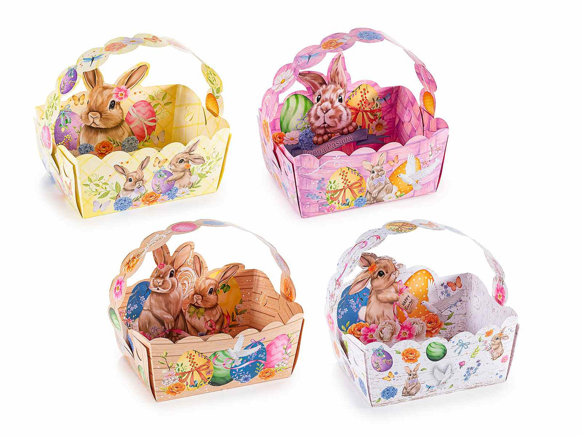 Vassoi a cestino in carta con stampe coniglietti pasquali e con manico, set da 48 pezzi, cm14x9,5x6,5H (con manico14)