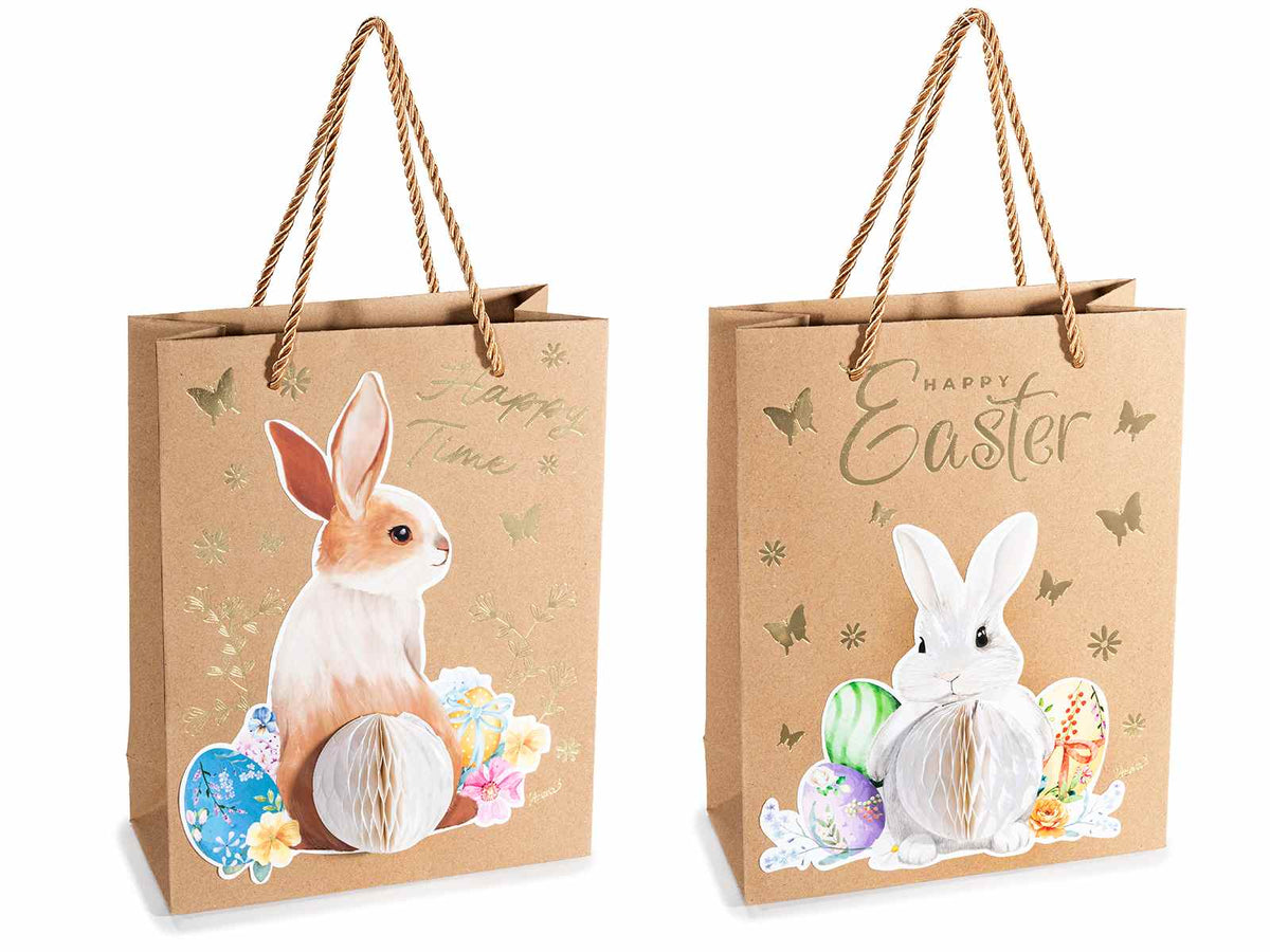 Sacchetti / buste con coniglietto realizzate in carta kraft con decori pasquali, set da 24 pezzi, cm 18 x 8 x 23 H