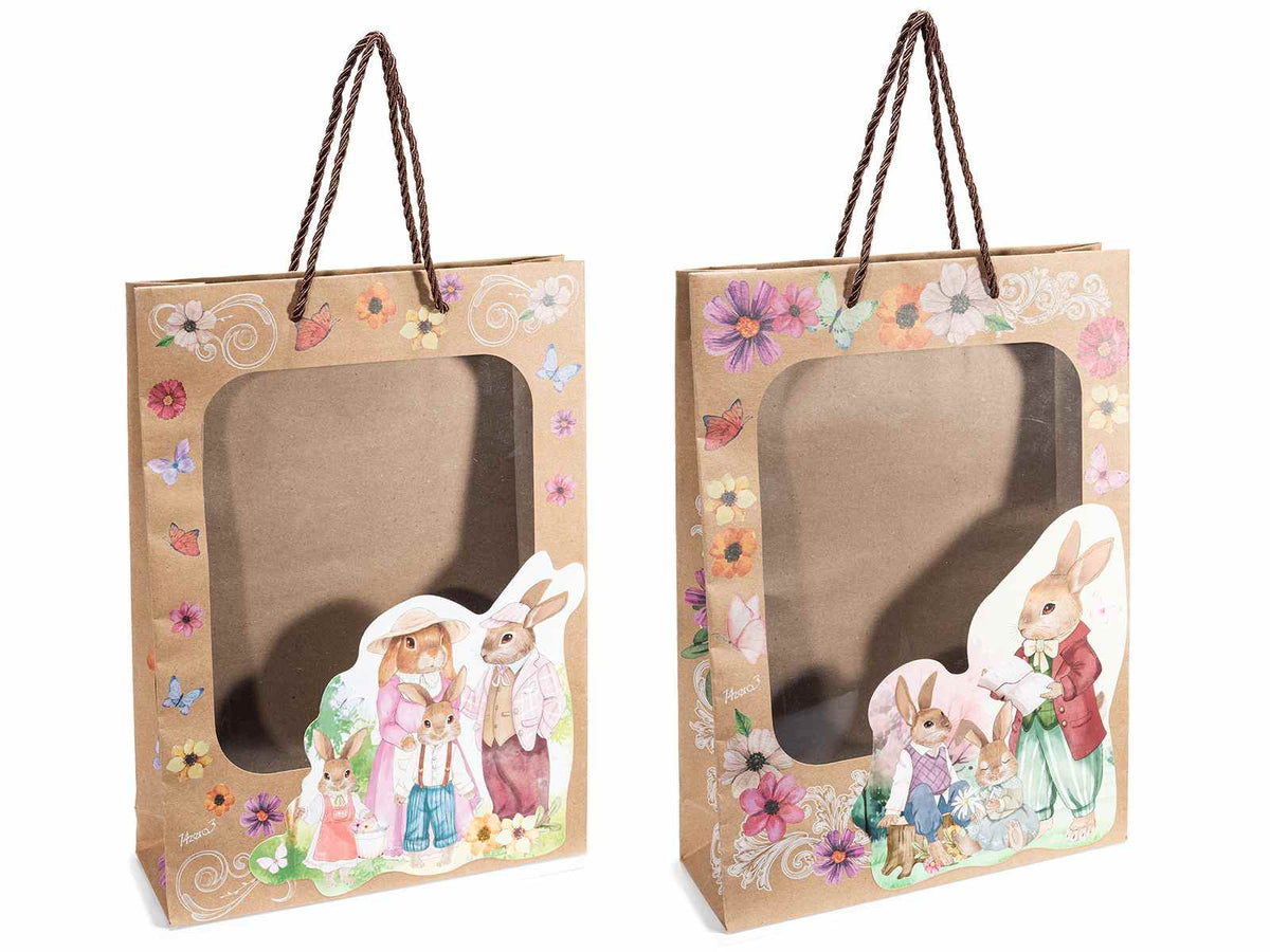 Sacchetti / buste grandi in carta kraft con conigli di Pasqua, stampa fiori, set da 20 pezzi, cm 24 x 8 x 33 H