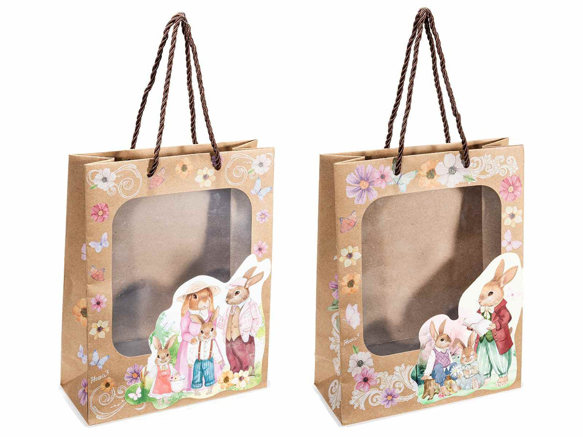 Sacchetti / buste medie in carta kraft con conigli di Pasqua, stampa fiori, set da 20 pezzi, cm 19 x 8 x 24,5 H