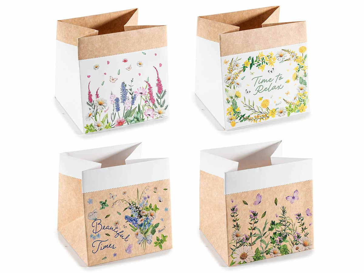 Sacchetti in carta bianca e kraft con stampa floreale, set da 24 pezzi, cm 16 x 15 x 16 H