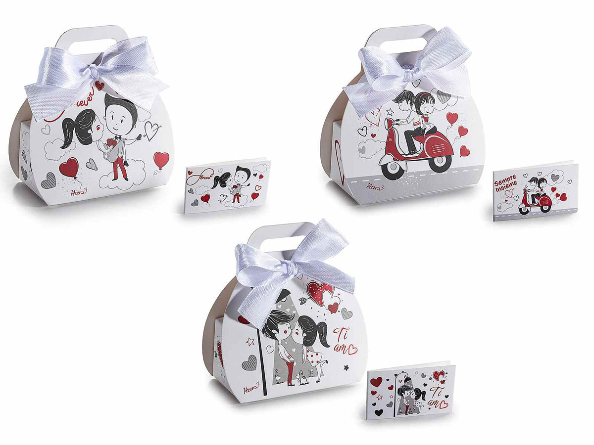 Set scatoline regalo in carta con stampa innamorati, fiocco di chiusura, set da 30 pezzi, cm 8,5x4x7 H (con manici8,5)