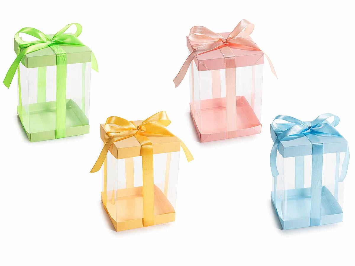 Scatoline regalo trasparenti colorate in PVC con base e coperchio in carta, set da 40 pezzi, cm 12 x 12 x 17