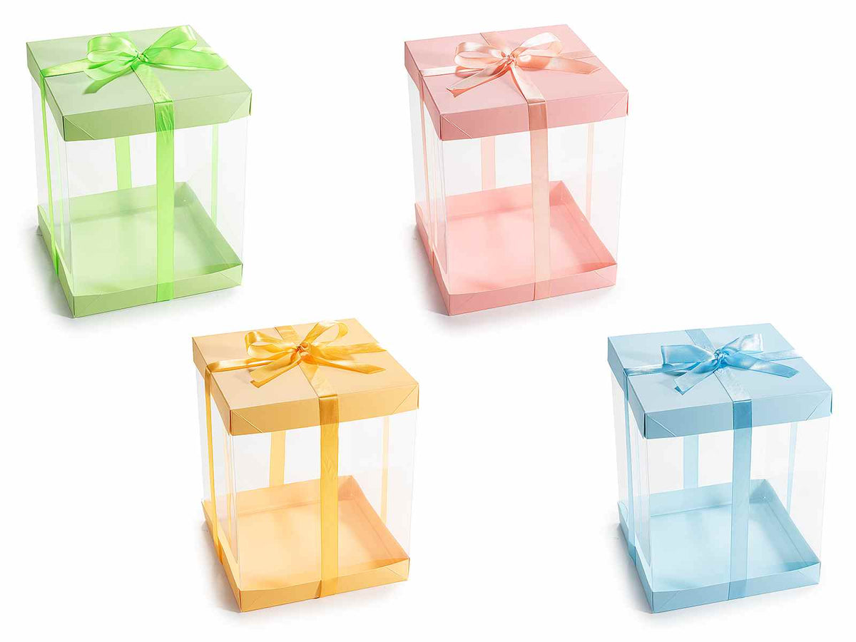 Scatoline regalo trasparenti colorate in PVC con base e coperchio in carta, set da 20 pezzi, cm 20 x 20 x 25