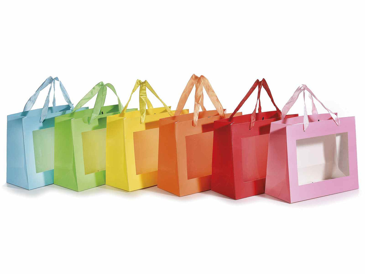Sacchetti / grandi in carta colorata con manici in stoffa e finestra, set da 18 pezzi, cm 24 x 11 x 20 H