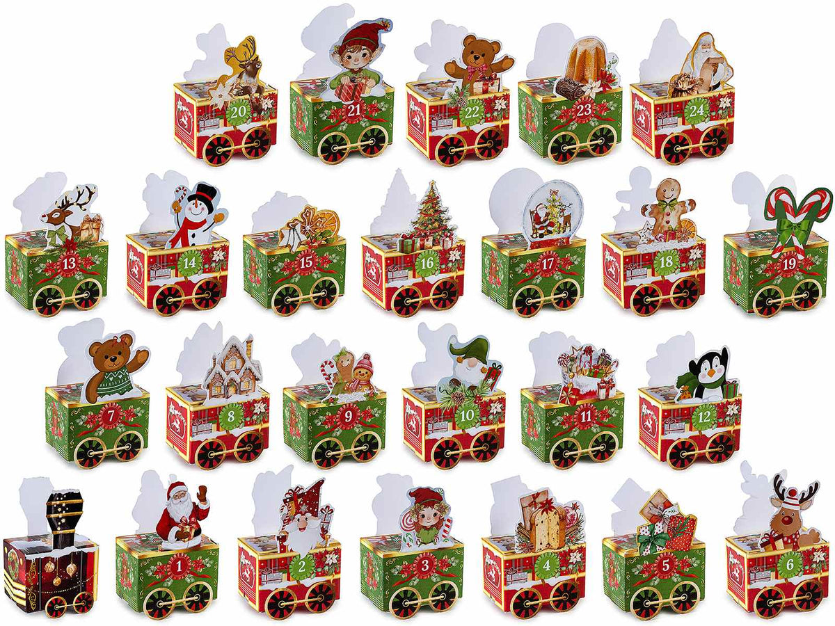 Set calendari dell'Avvento a trenino componibile con 25 scatoline carta, set da 3 pezzi