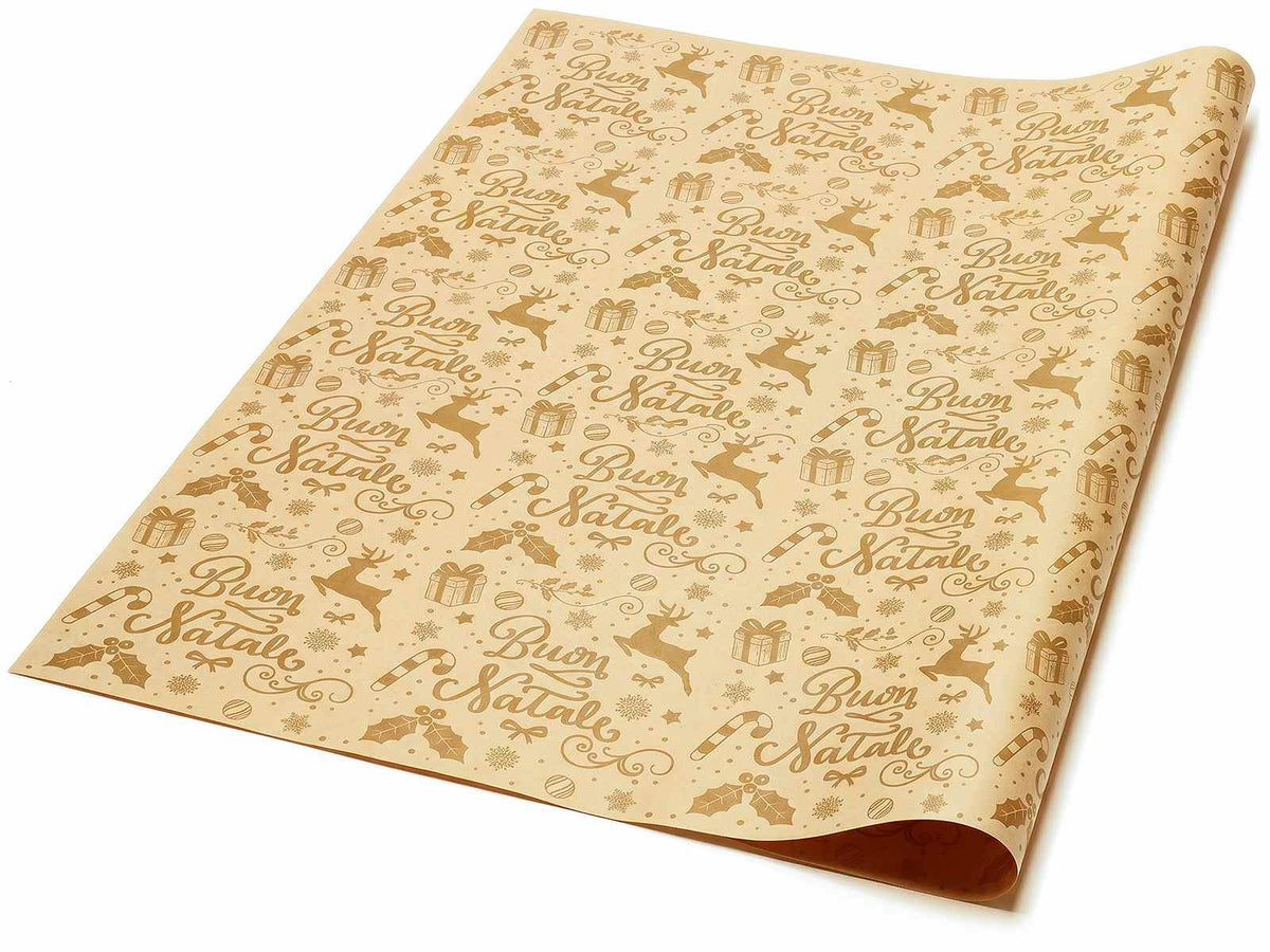 Fogli di carta regalo naturale con stampa dorata, cm 70 x 100 H