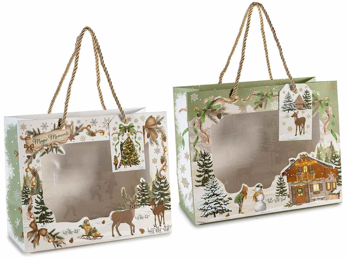Sacchetti / buste natalizie orizzontali in carta con manici, finestra e tag, set da 18 pezzi, cm 22,5 x 10 x 18 H