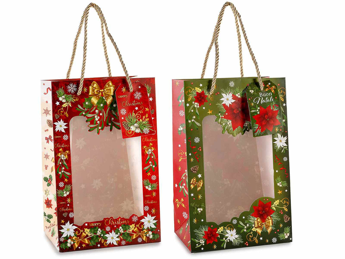 Sacchetti / buste natalizie in carta con manici, finestra e tag, stampa a tema, set da 18 pezzi, cm 16 x 11 x 25 H