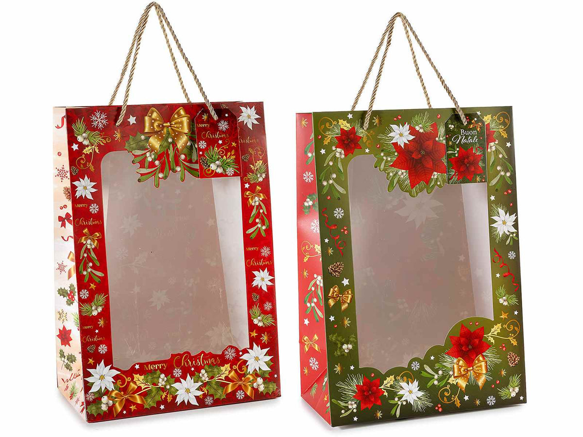 Sacchetti / buste natalizie in carta con manici, finestra e tag, stampa a tema, set da 12 pezzi, cm 24 x 14 x 35 H