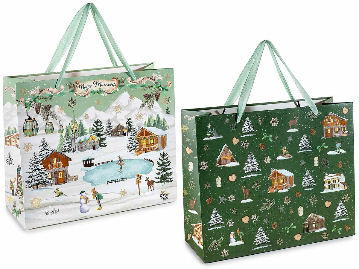 Sacchetti / buste grandi natalizie con manici in raso e stampa paesaggio, set da 12 pezzi, cm 31,5 x 12 x 26 H