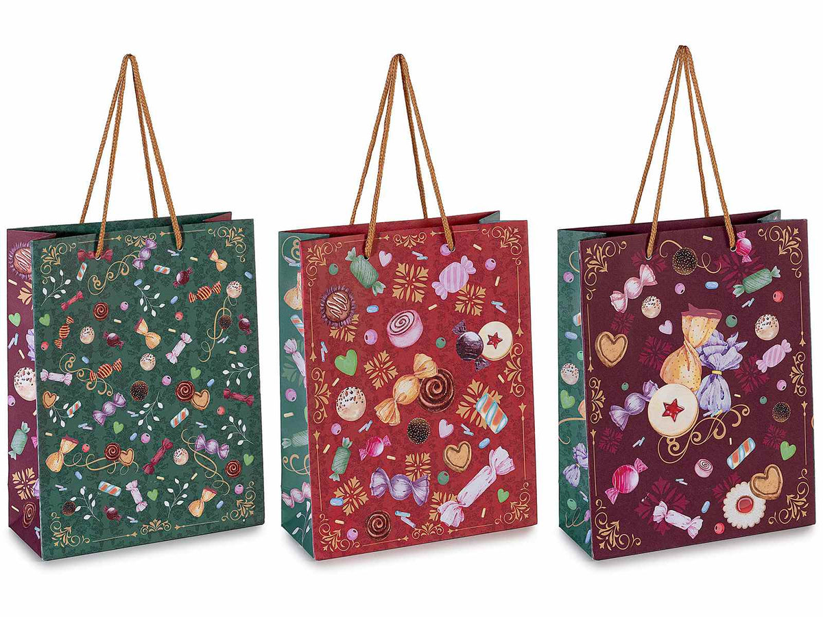 Sacchetti / buste medie con manici ritorti e stampa tema cioccolato / dolcetti, set da 42 pezzi, cm 19 x 8 x 24,5 H