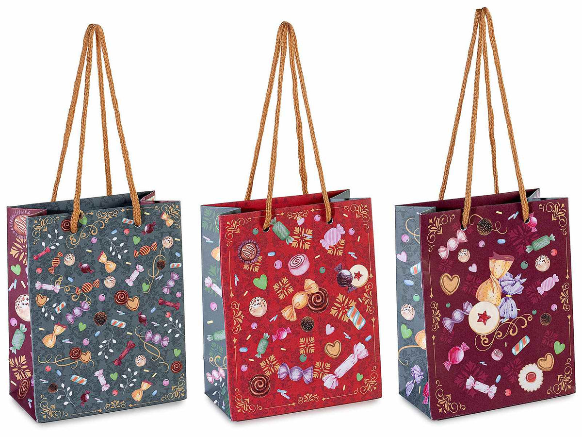 Set di 48 sacchetti / buste piccole con manici ritorti e stampa tema cioccolato / dolcetti, cm 11,5 x 6 x 14,5 H