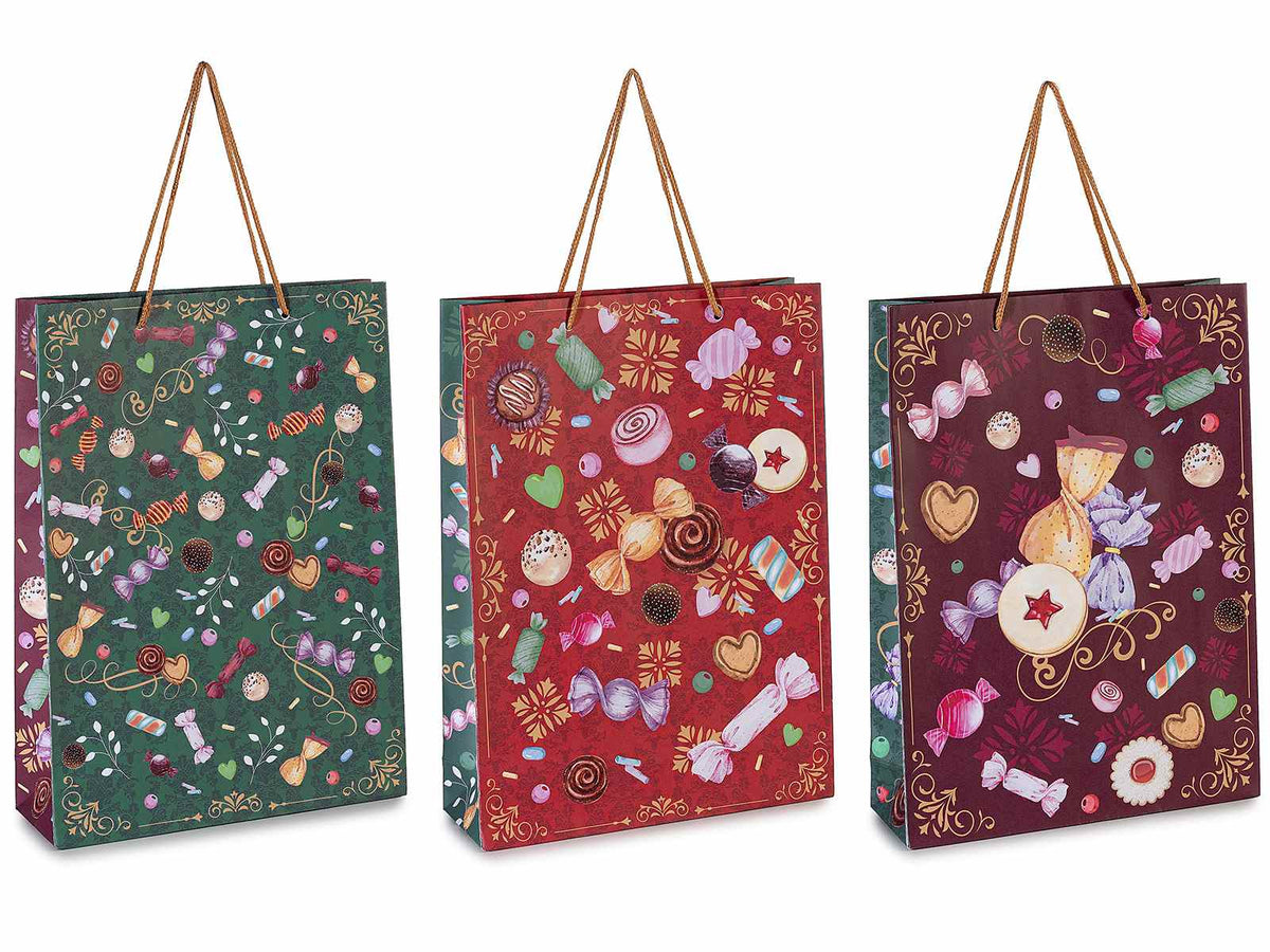 Sacchetti / buste grandi con manici ritorti e stampa tema cioccolato / dolcetti, set da 30 pezzi, cm 24 x 8 x 33 H
