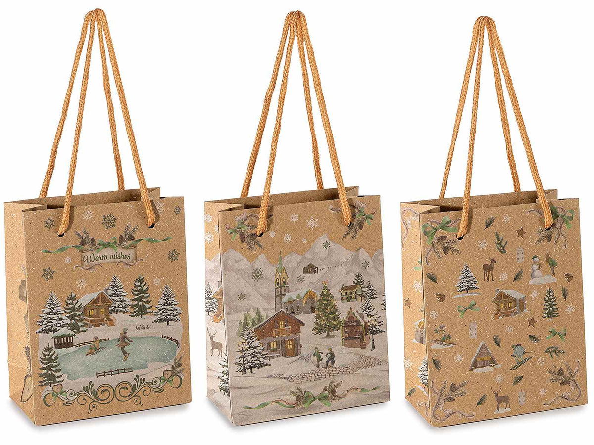 Sacchetti / buste piccola in carta kraft natalizia con manici stampa paesaggio, set da 60 pezzi, cm 11,5 x 6 x 14,5 H