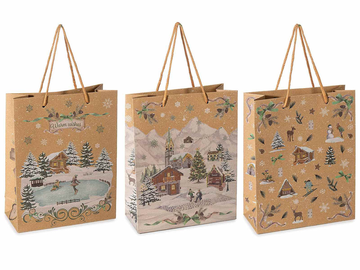 Sacchetti / buste medie in carta kraft con stampa paesaggio natalizio con manici, set da 48 pezzi, cm 19 x 8 x 24 H
