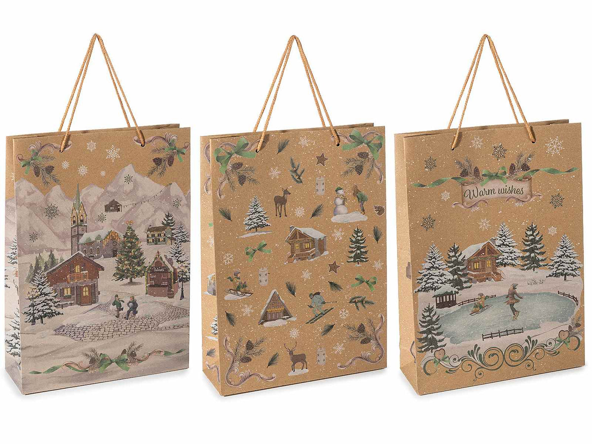 Sacchetti / buste grandi in carta kraft con stampa paesaggio natalizio, set da 36 pezzi, cm 24 x 8 x 33 H