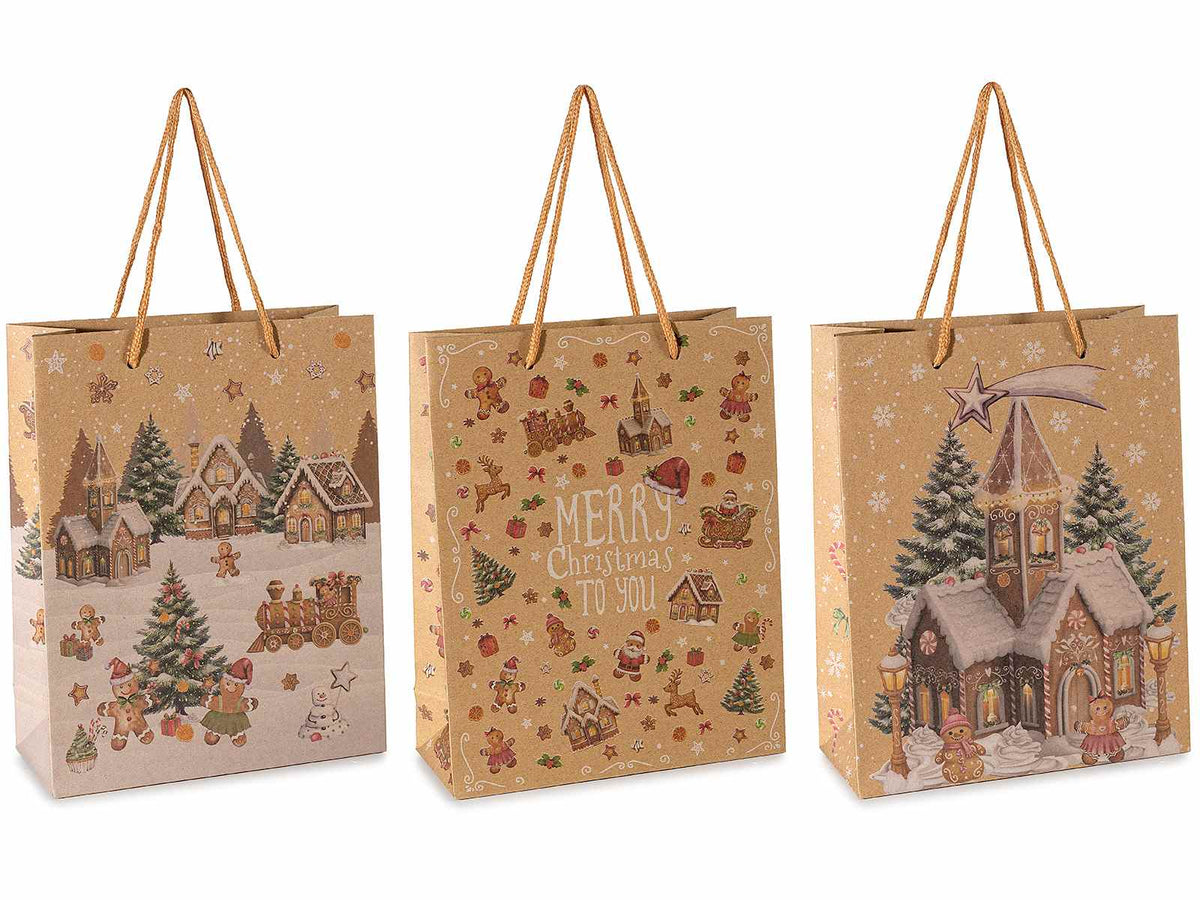 Sacchetti / buste medie in carta kraft con stampa biscottini pan di zenzero, set da 48 pezzi, cm 19 x 8 x 24 H