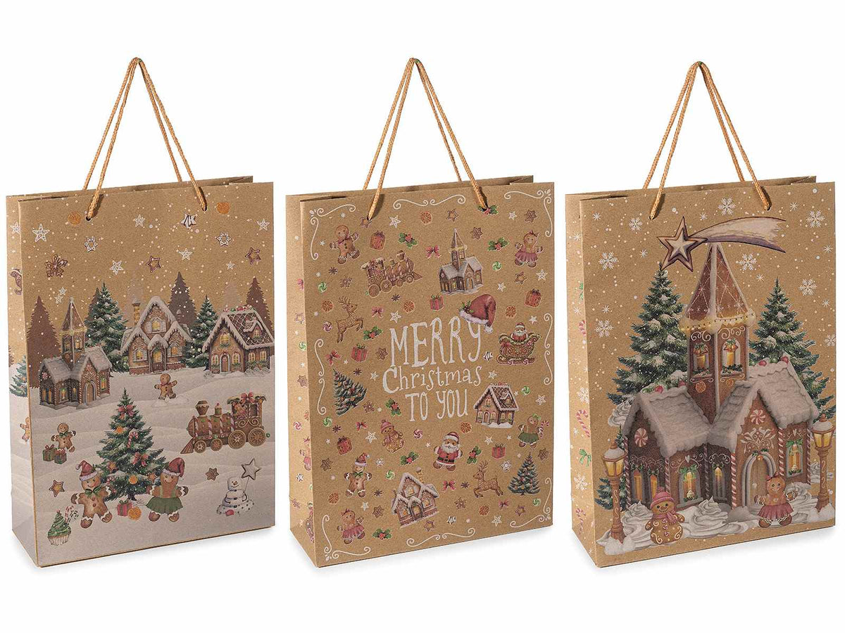 Sacchetti / buste grandi in carta kraft con stampa biscottini pan di zenzero, set da 36 pezzi, cm 24 x 8 x 33 H