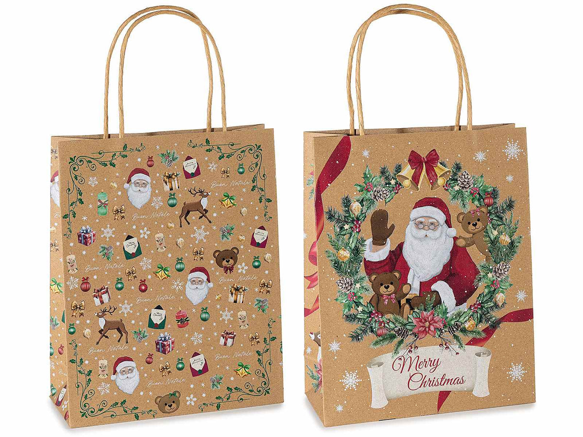 Sacchetti / buste medie in carta kraft con stampa natalizi con manici, set da 36 pezzi, cm 21 x 11 x 27 H