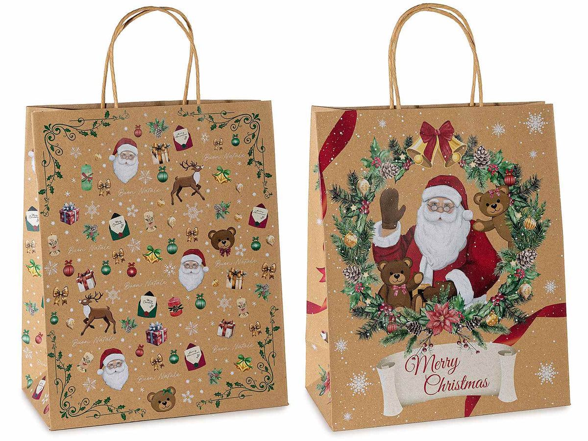 Sacchetti / buste grandi in carta kraft con stampa natalizi con manici, set da 30 pezzi, cm 26,5 x 13 x 32,5 H