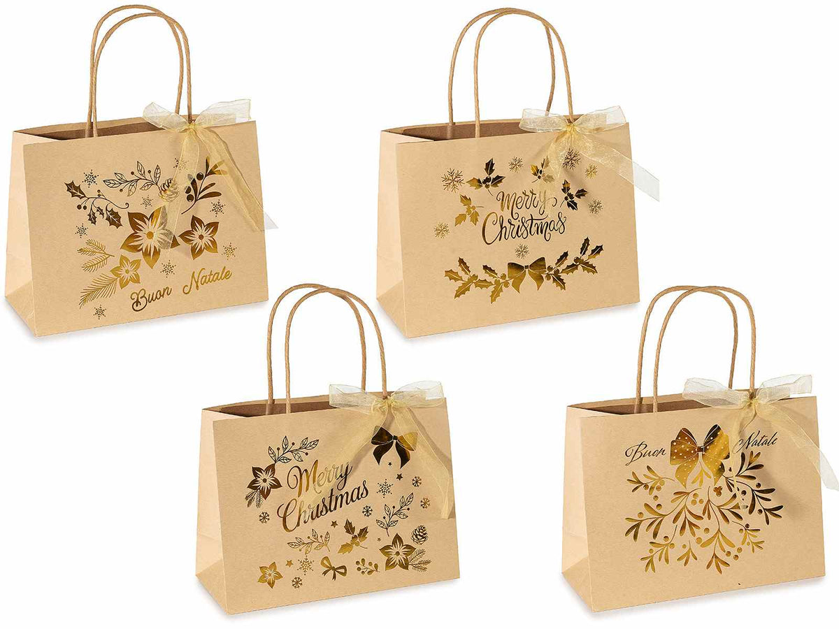 Sacchetti / buste medie orizzontali in carta kraft con fiocco e decori natalizi, set da 28 pezzi, cm 23 x 10 x 17 H