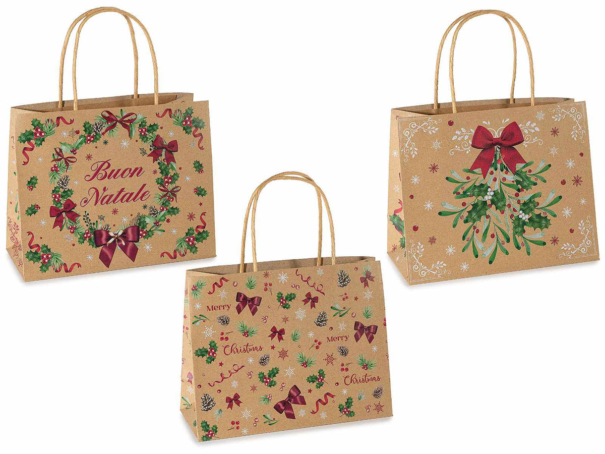 Sacchetti / buste medie orizzontali in carta kraft natalizia, con manici, set da 30 pezzi, cm 22,5 x 10 x 18 H