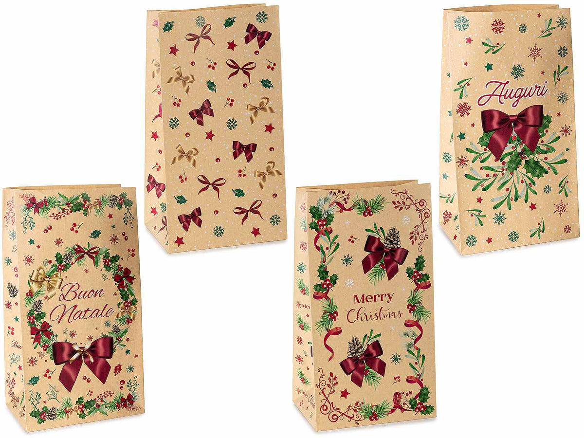 Sacchetti in carta kraft con stampa natalizia, set da 40 pezzi, cm 15 x 10 x 28 H
