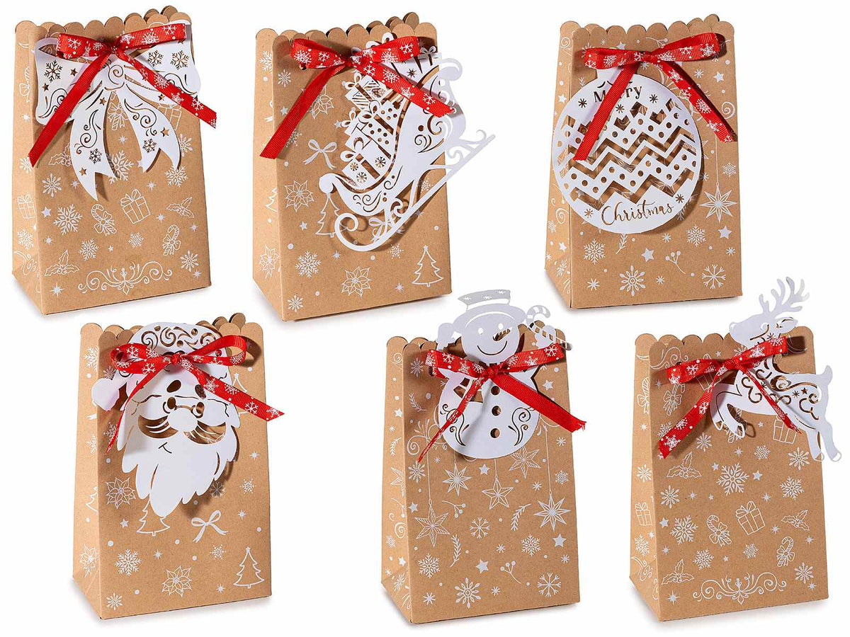 Set di 36 sacchetti natalizi in carta kraft con stampa a tema, fiocco e tag sagomato, cm 11,5 x 7 x 18 H