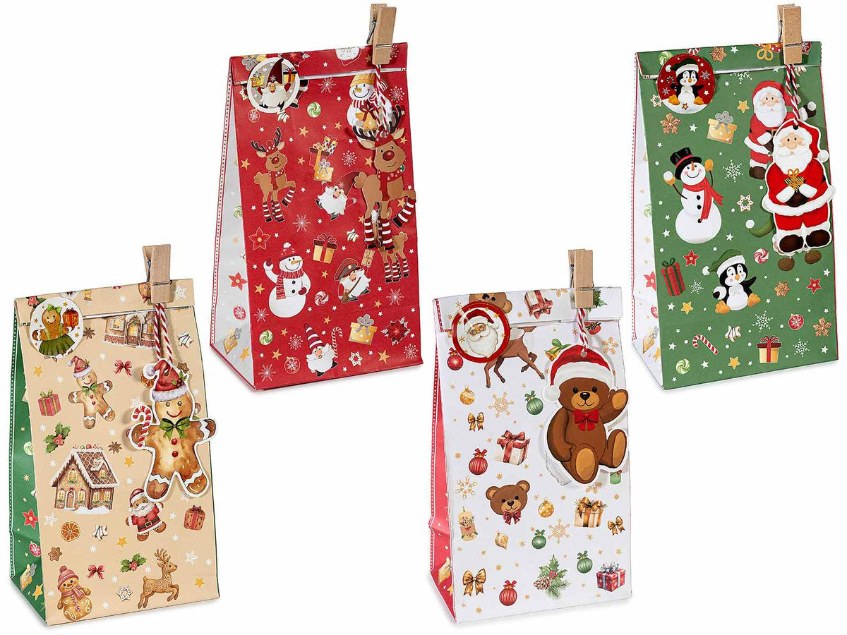 Sacchetti regalo di Natale in carta con molletta, tag sagomato, sticker, set da 40 pezzi, cm 12 x 8 x 22,5 H