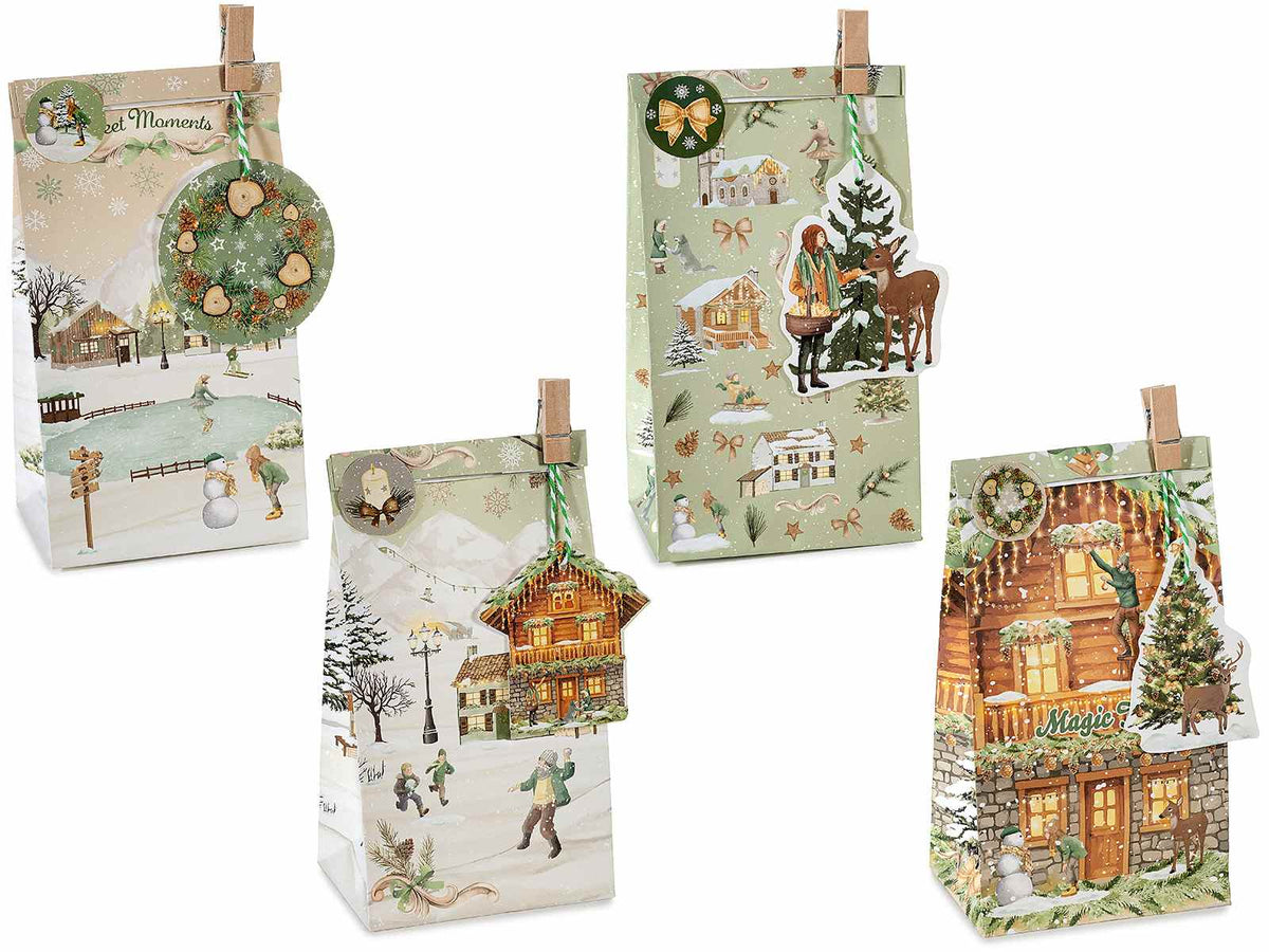 Sacchetti regalo di Natale in carta con molletta, tag sagomato, sticker, set da 40 pezzi, cm 12 x 8 x 22,5 H