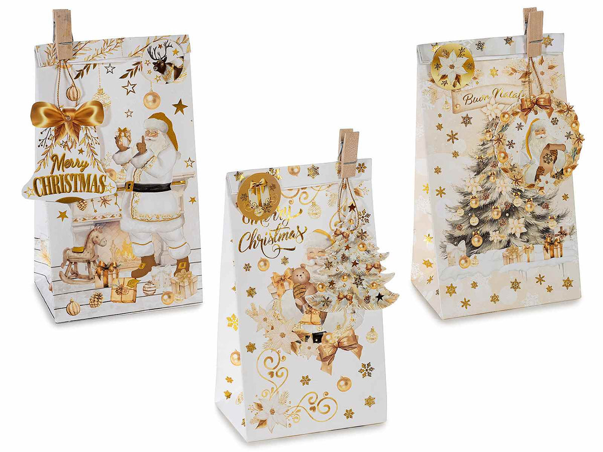 Sacchetti regalo di Natale in carta con stampa natalizia dorata, molletta, tag, set da 42 pezzi, cm 12 x 8 x 22,5 H