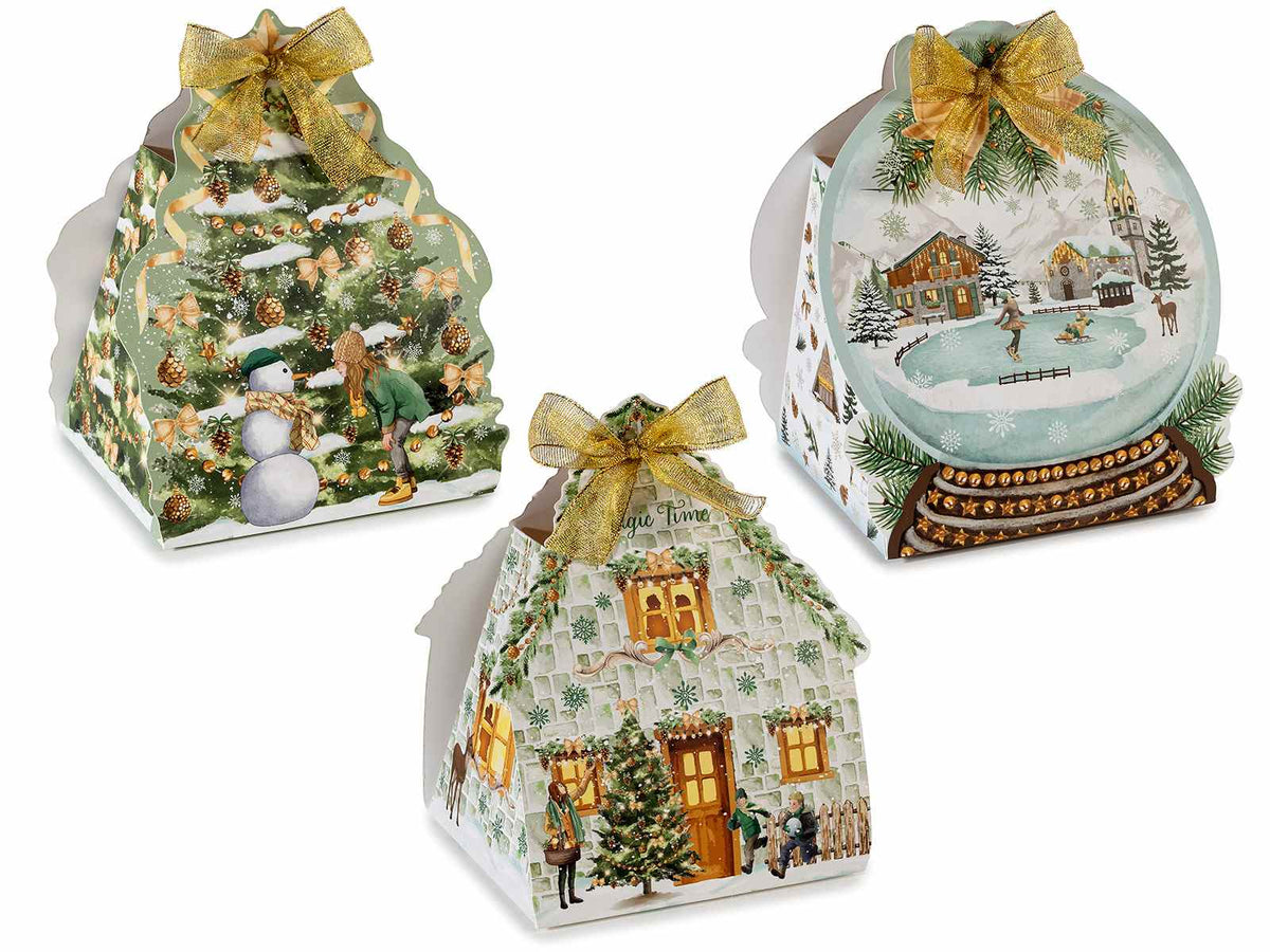 Scatole natalizie sagomate a casetta in carta con fiocco con stampa paesaggio, set da 12 pezzi, cm 16,5 x 12,5 x 18,5 H