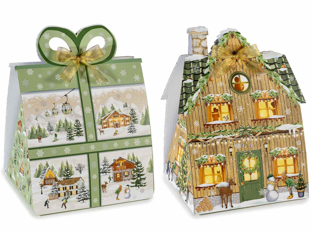 Scatole natalizie sagomate a pacchetto regalo e casetta con fiocco, stampa, set da 4 pezzi, cm 28,5x25x27H(con fiocco38)