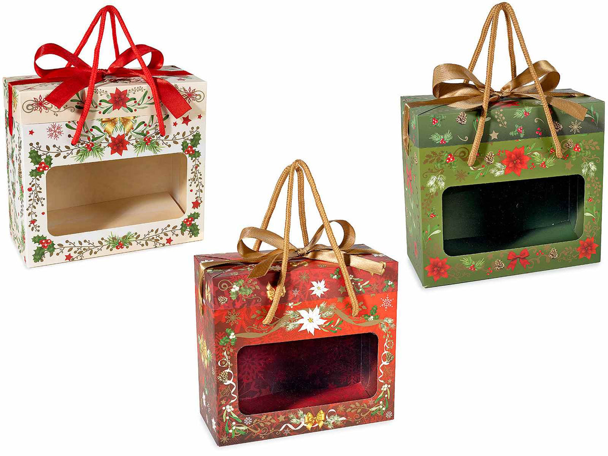 Scatole di Natale in carta con finestra trasparente, manici, fiocco rosso, set da 12 pezzi, cm 18,5 x 8,5 x 16 H