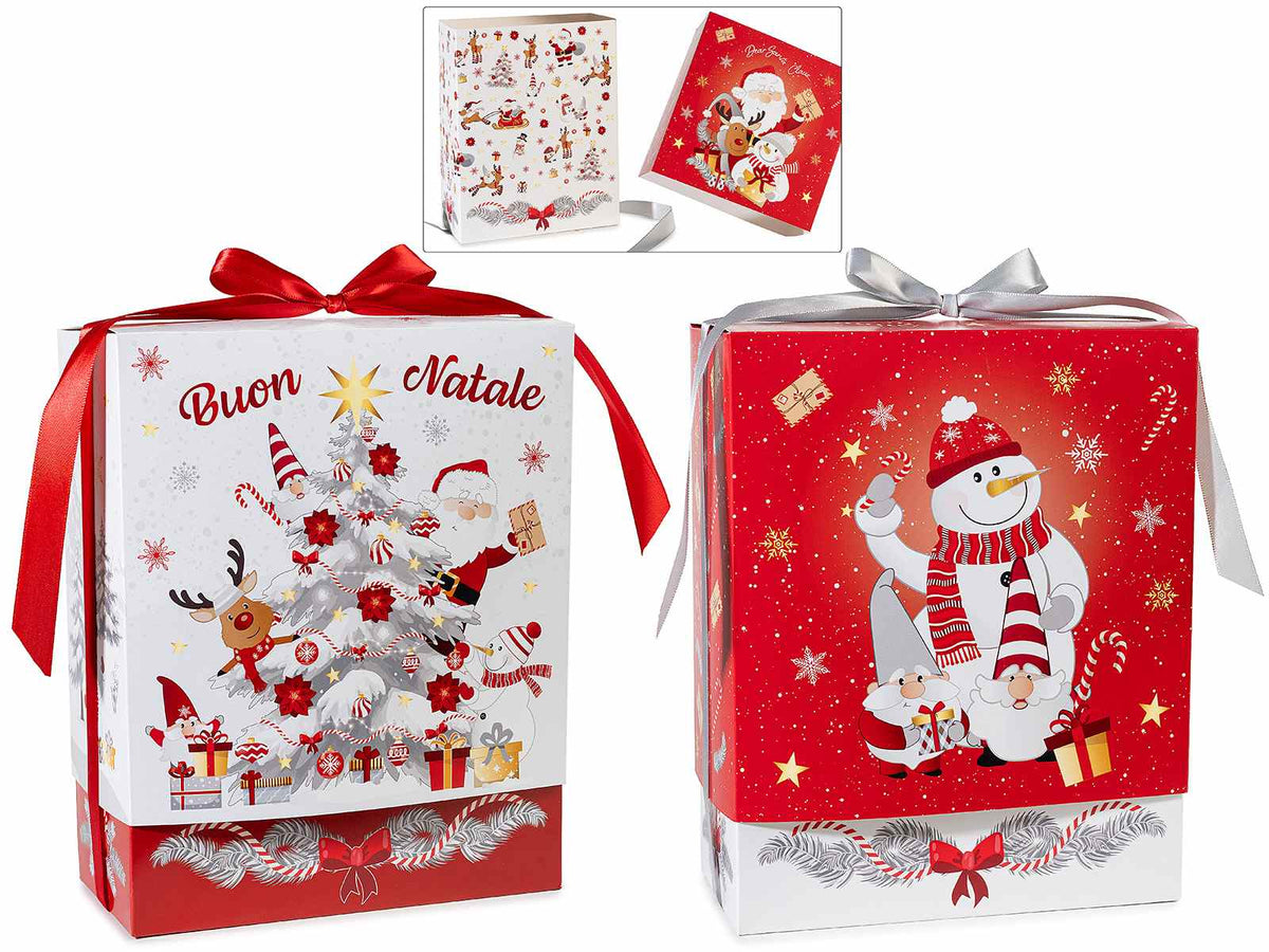 Scatole in carta con stampa natalizia e fiocco, set da 12 pezzi, cm 20 x 9,5 x 25 H