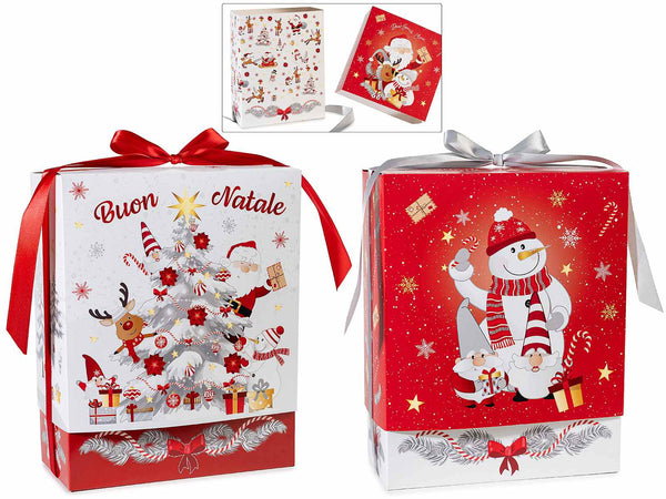 Scatole in carta con stampa natalizia e fiocco, set da 12 pezzi, cm 20 x 9,5 x 25 H