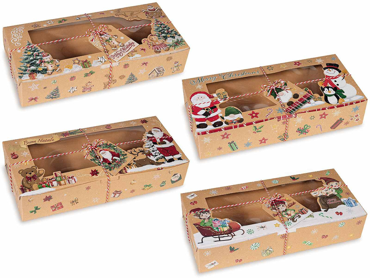 Scatole in carta kraft con stampa soggetti natalizi, finestra, cordino e tag, set da 24 pezzi, cm 30,5 x 14 x 6 H