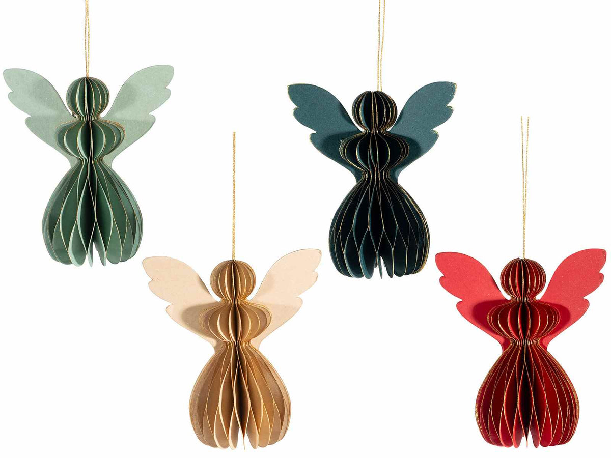 Angeli natalizi decorativi in carta effetto nido d'ape con dettagli dorati, set da 12 pezzi, cm 10,5 x 6,5 x 12 H