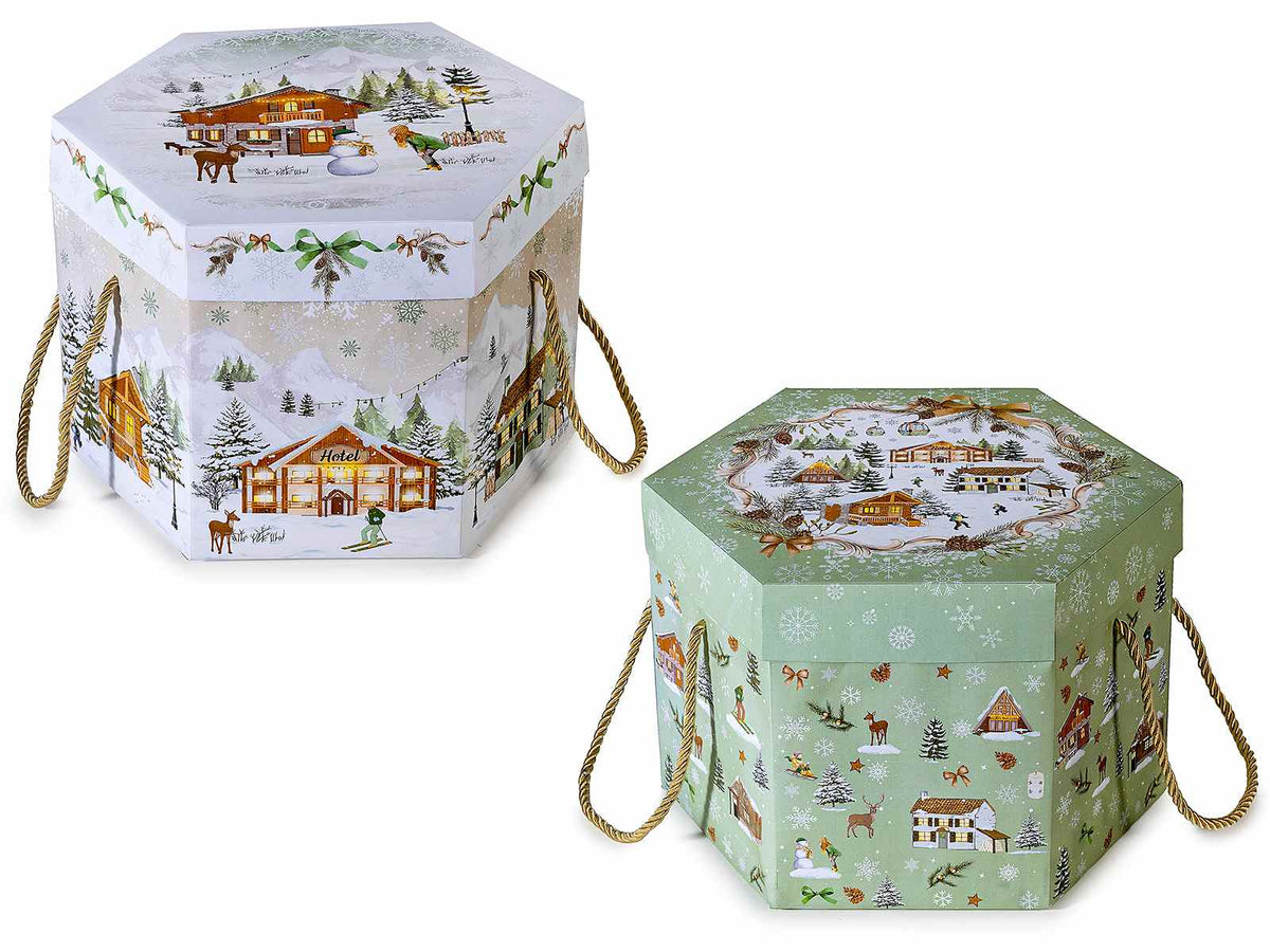 Scatole natalizie esagonali in carta per panettone con manici e coperchio, set da 8 pezzi