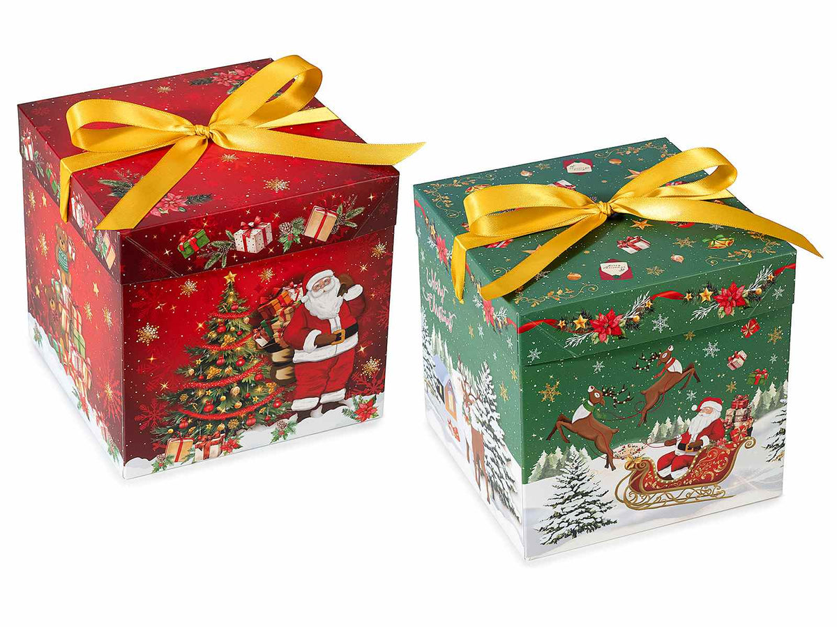 Scatole di Natale quadrate in carta con coperchio e fiocco in raso. Ideali per confezionare dolci, panettoni, torroni, cesti di Natale e prodotti arti