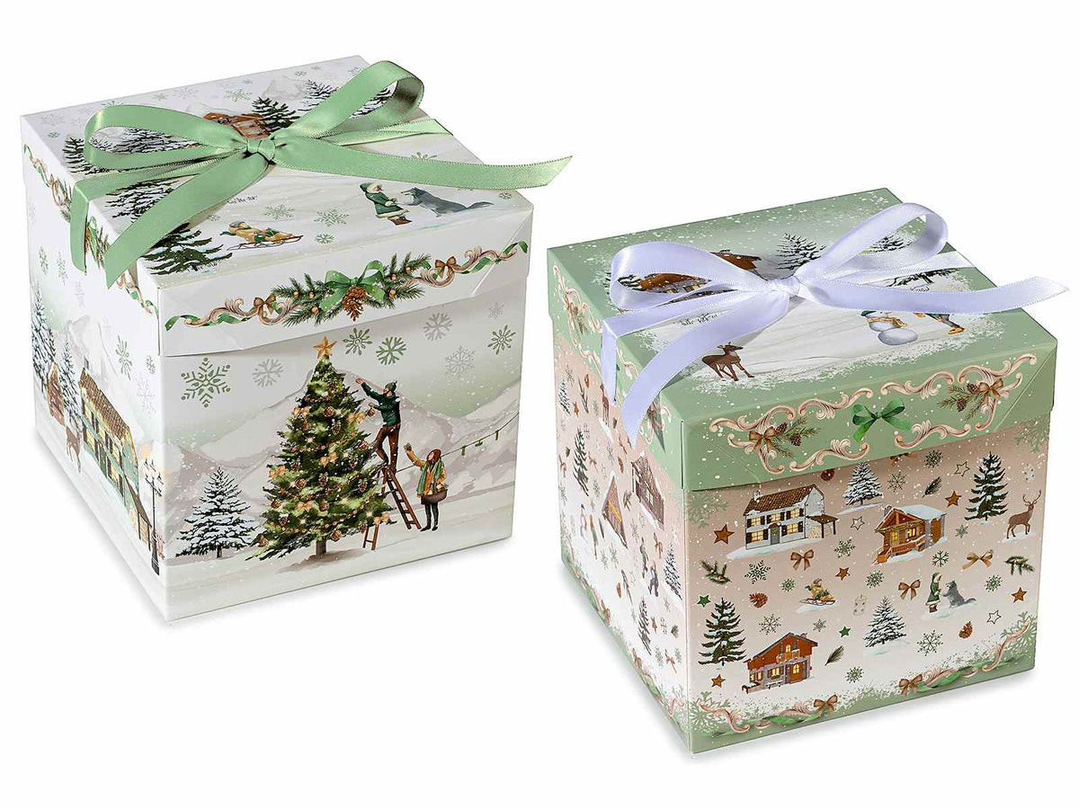 Scatole di Natale quadrate in carta con coperchio e fiocco in raso. Ideali, set da 20 pezzi, cm 15 x 15 x 15 H