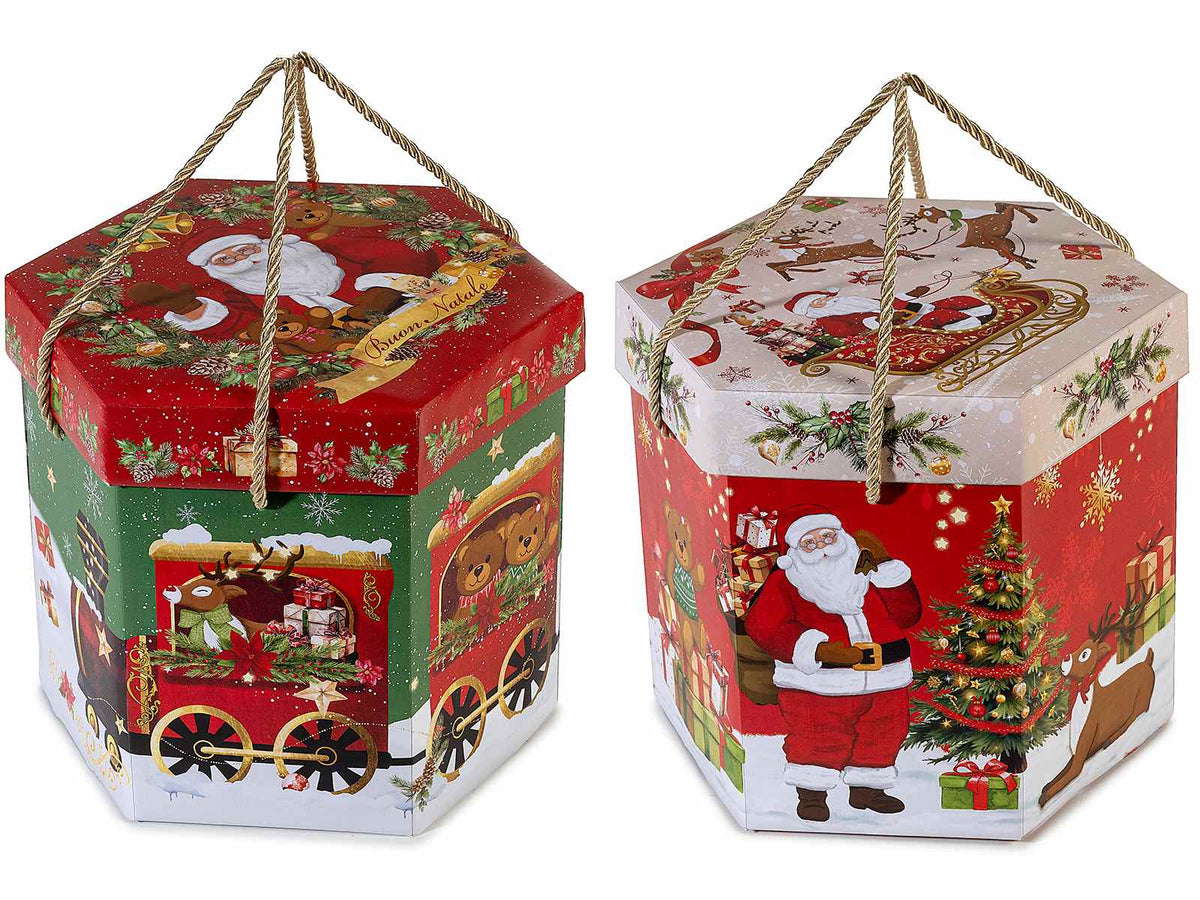 Scatole esagonali carta per panettone con manici e coperchio con stampa, set da 8 pezzi