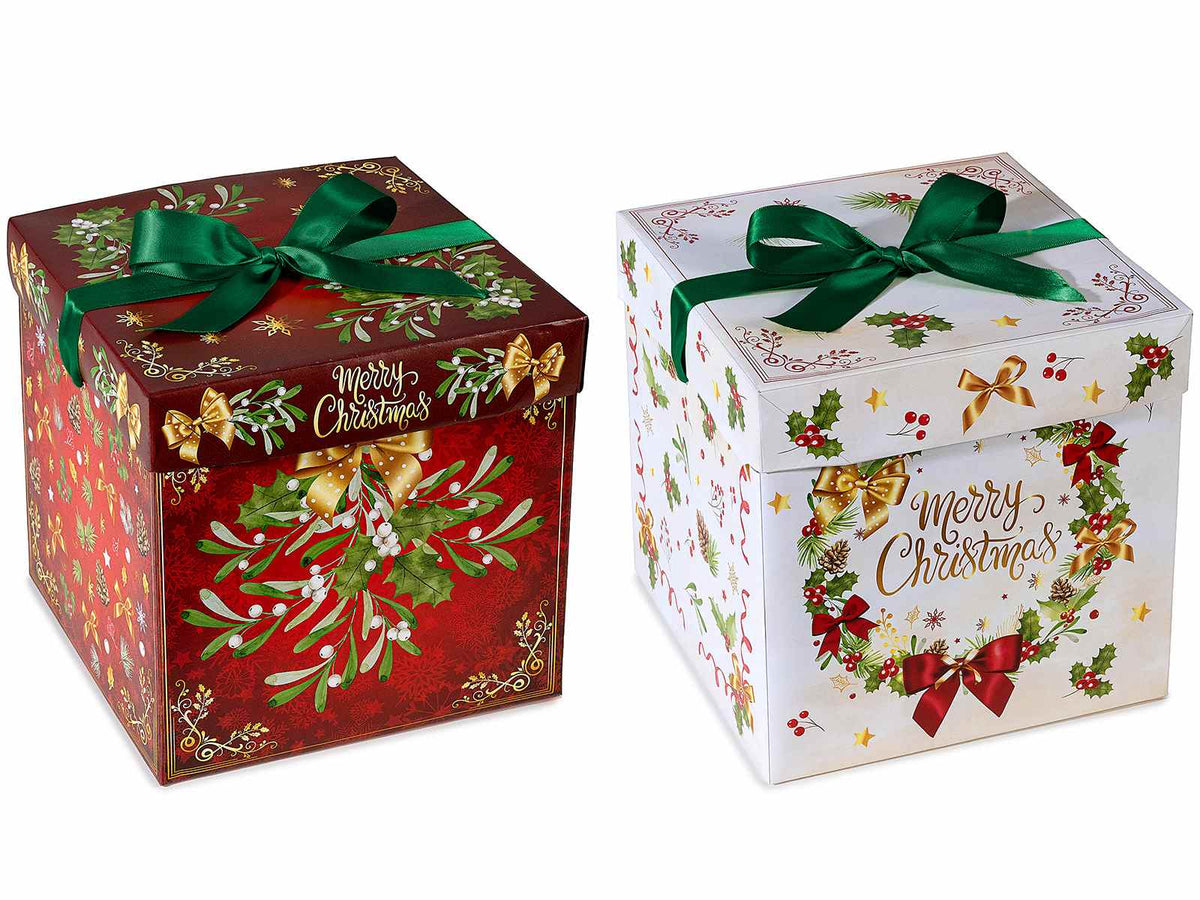 Scatole di Natale quadrate in carta con coperchio e fiocco in raso. Ideali, set da 12 pezzi