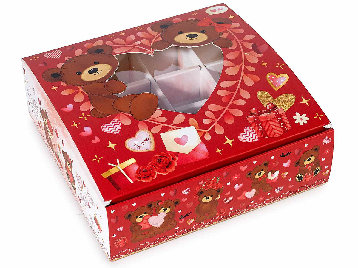 Scatole regalo in carta con finestra trasparente a cuore e design orsetto, 16, set da 12 pezzi