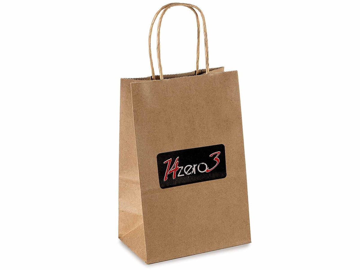 Busta / sacchetto regalo S in carta kraft naturale riciclata con manici e logo, set da 100 pezzi, cm 14 x 9 x 21 H