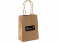 Busta / sacchetto regalo XS in carta kraft naturale riciclata con manici e logo, set da 100 pezzi, cm 11 x 6 x 15 H